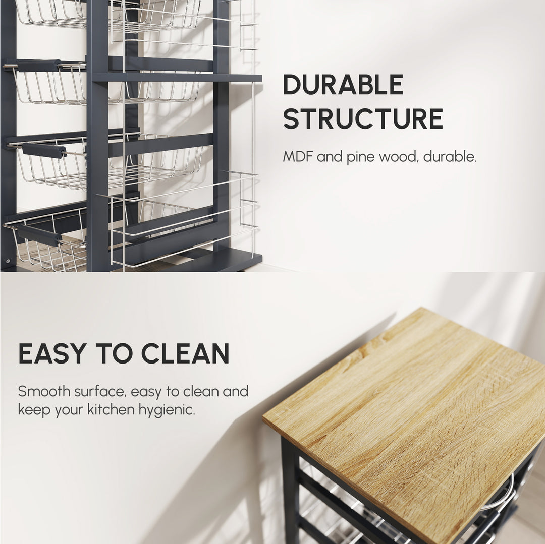 MCL Rolling Kitchen Cart, Utility Storage Cart with 4 Basket Drawers & Side Racks, Wheels for Dining Room, Grey