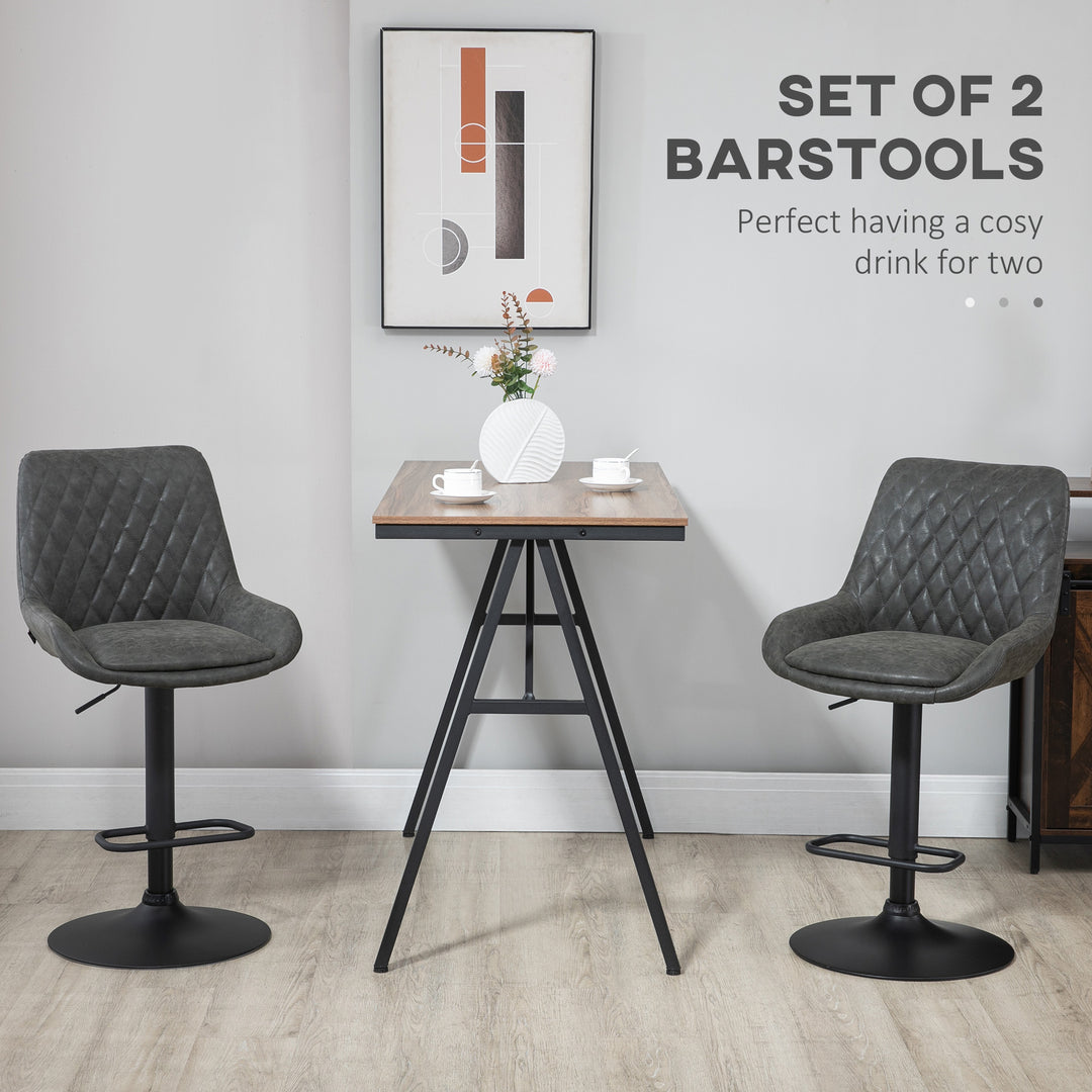 HOMCOM Retro Bar Stools Set of 2, Adjustable Kitchen Stool, Upholstered Bar Chairs with Back, Swivel Seat, Dark Grey