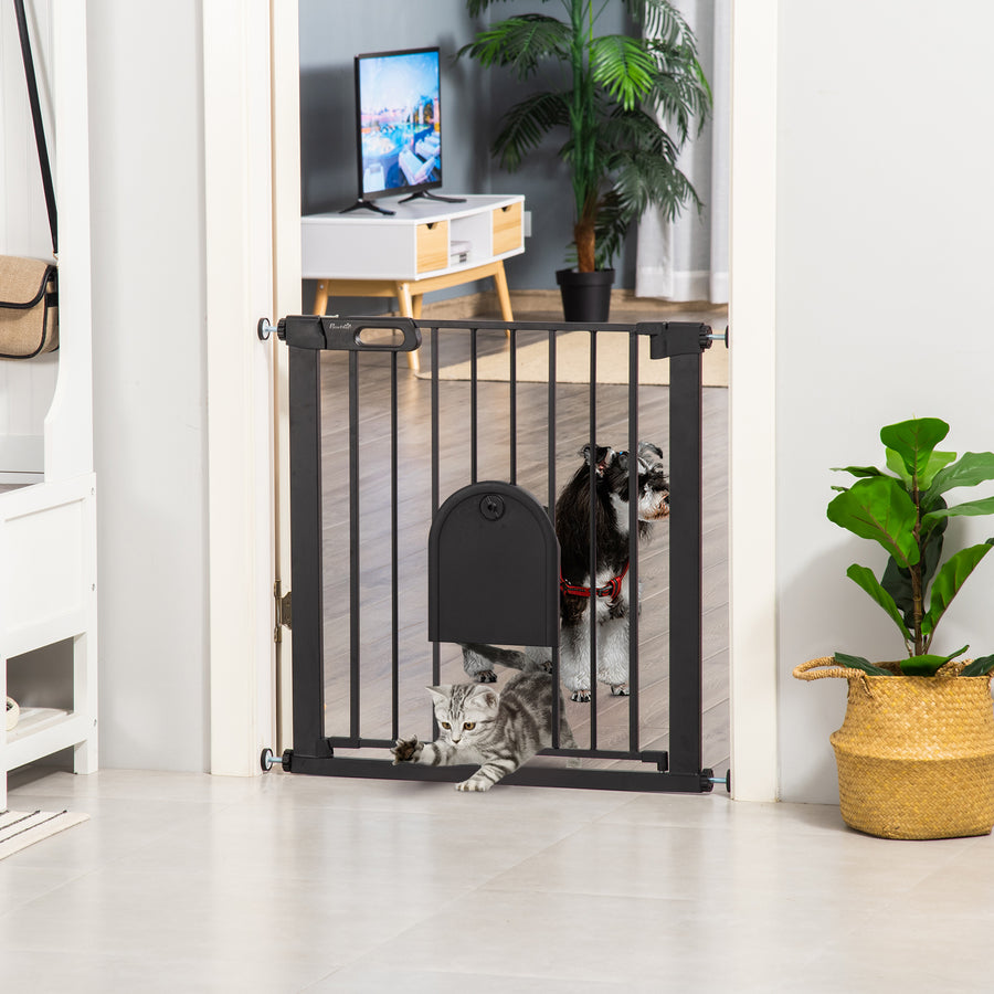 Dog Gate with Cat Flap Pet Safety Gate Barrier, Stair Pressure Fit, Auto Close, Double Locking, for Doorways, Hallways, 75-82 cm Black