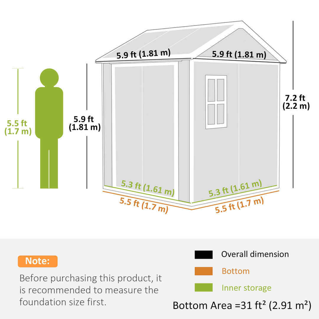 Outsunny 6 x 6ft Garden Shed with Floor, Window, Lockable Doors and Vents, Wood Effect Resin Tool Shed for Outdoor Patio, Grey