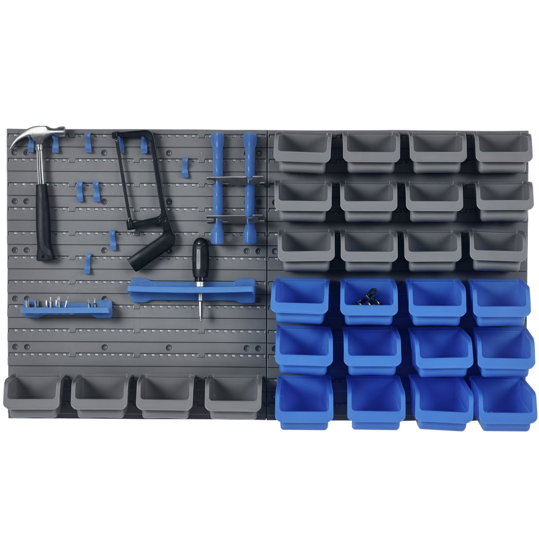 44 Piece Wall Mounted Tool Rack Organiser Storage Bins and Panel Set with Shelf Hook Screws Accessories Blue
