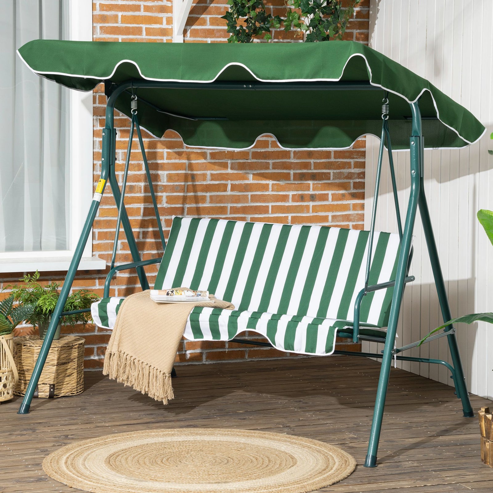 3-Seat Swing Chair Garden Swing Seat with Adjustable Canopy for Patio, Green
