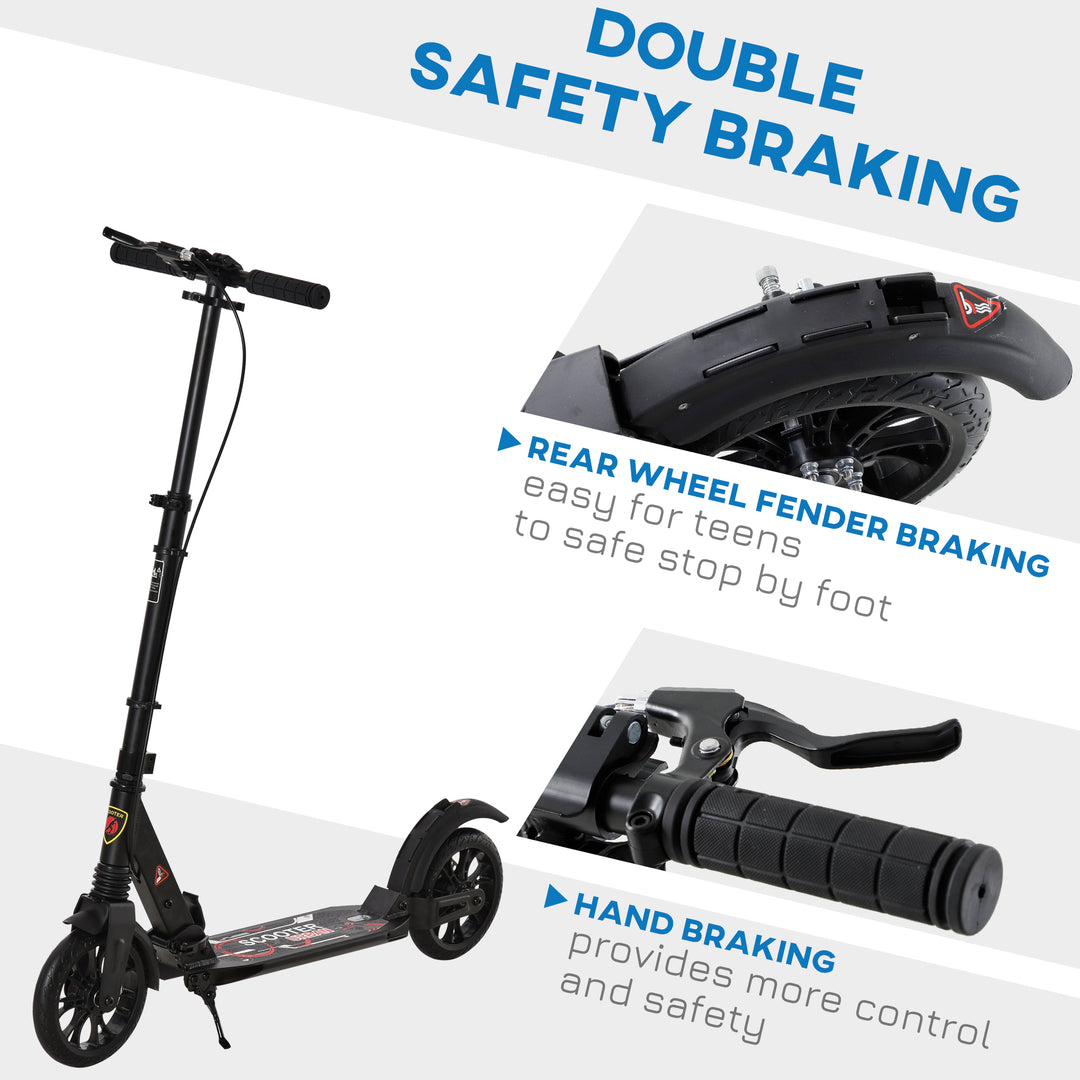 Adult Teens Kick Scooter Foldable Height Adjustable Aluminium Ride On Toy for 14+ w/ Rear Wheel & Hand Brake, 200mm Big Wheels, Shock Mitigation System - Black