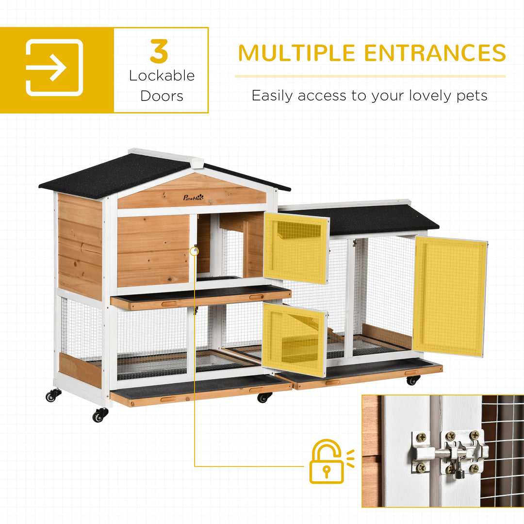 PawHut Two-Tier Wooden Rabbit Hutch Mobile Guinea Pig Cage Bunny Run w/ Wheels, Run, Slide-Out Tray, Ramp | Aosom UK