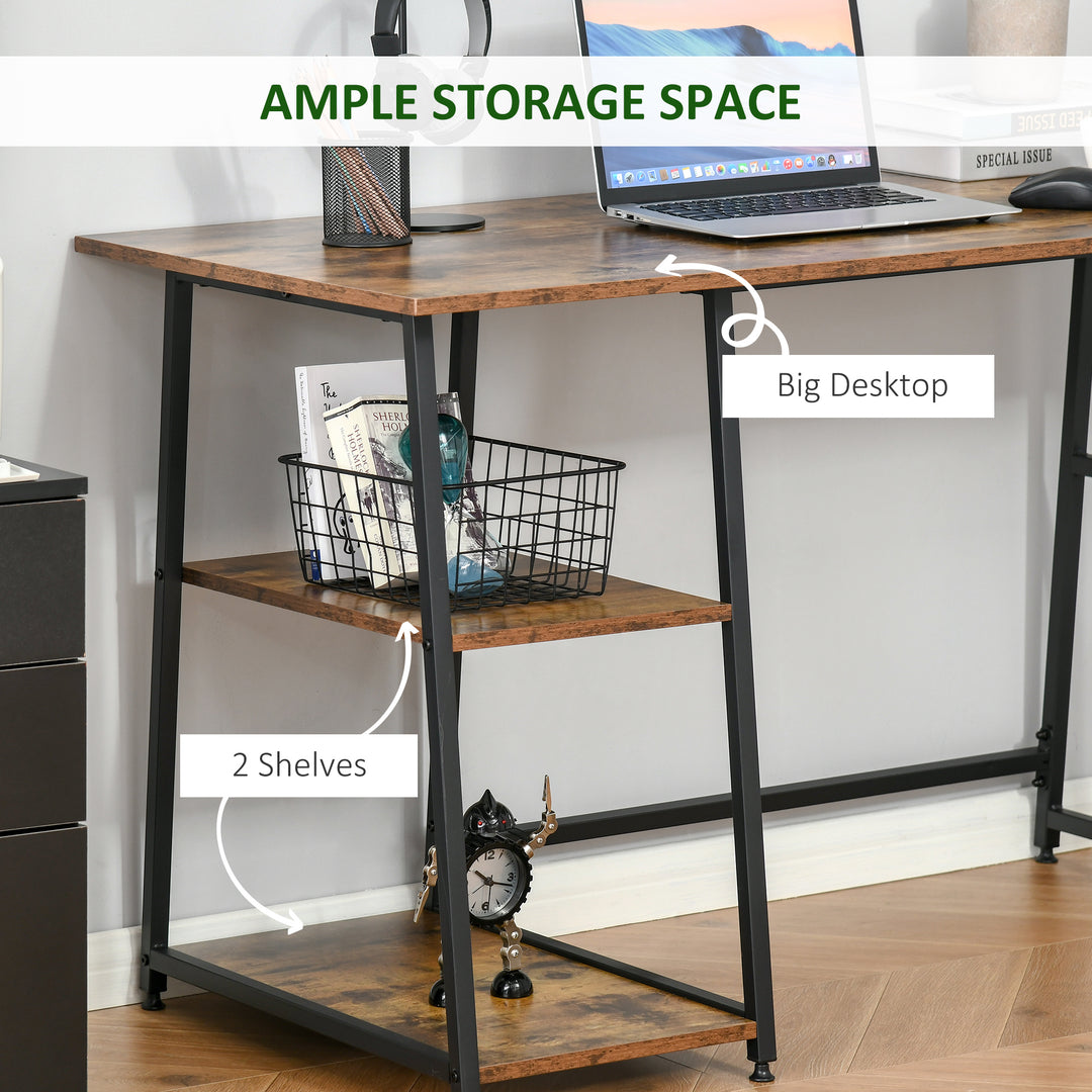 120cm Computer Desk with Storage, Industrial Home Office Desk with 2 Tier Shelves and Steel Frame, Computer Table for Study Room, Rustic Brown