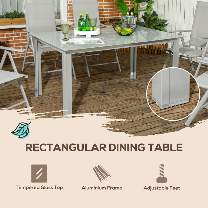 Outsunny 7 Piece Garden Dining Set, Outdoor Table and 6 Folding and Reclining Chairs, Aluminium Frame, Tempered Glass Top Table, Texteline Seats, Grey