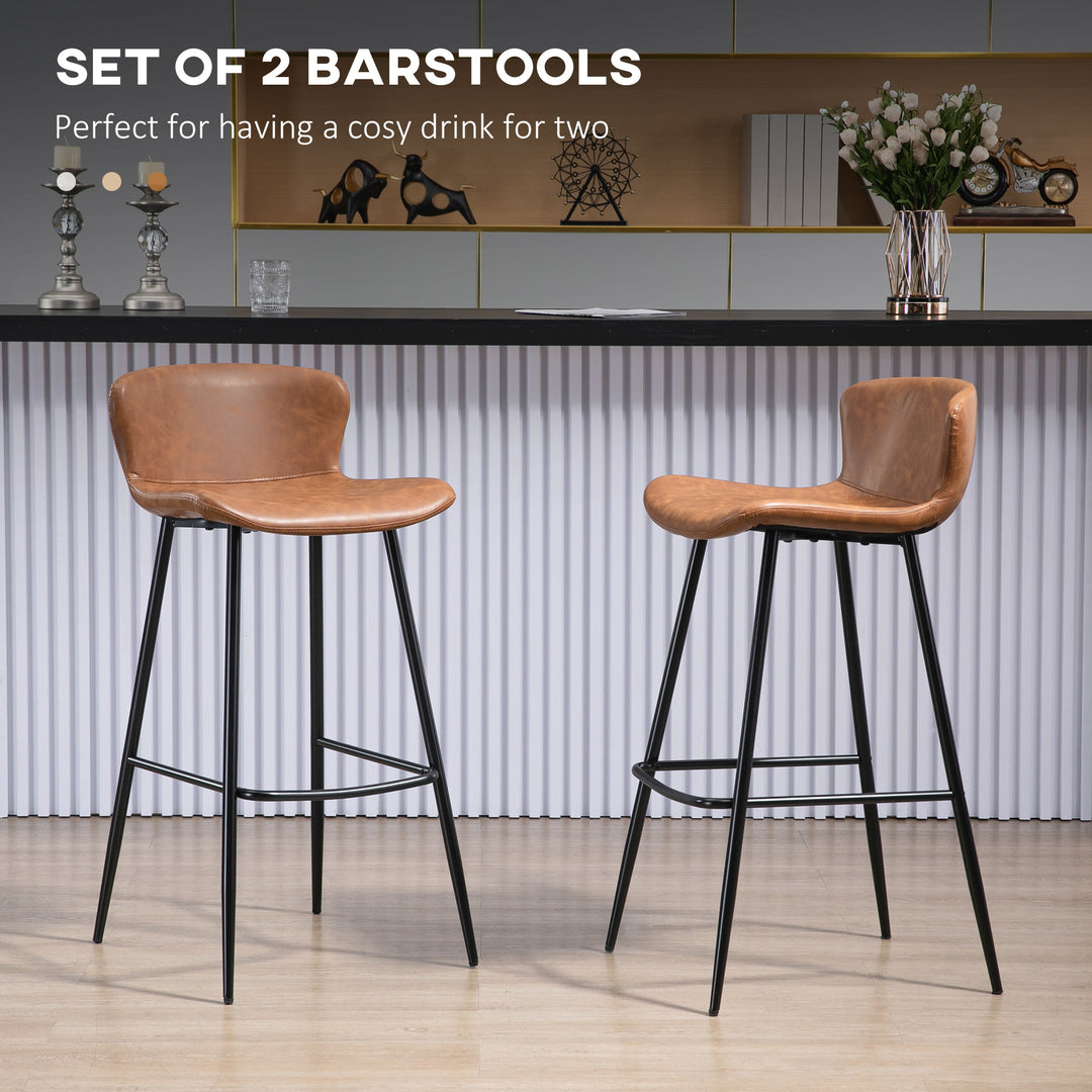 Bar Stools Set of 2, PU Leather Upholstered Bar Chairs, Breakfast Kitchen Counter Chairs with Backs, Steel Legs and Footrests for Dining Room, Brown