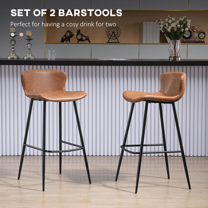 Bar Stools Set of 2, PU Leather Upholstered Bar Chairs, Breakfast Kitchen Counter Chairs with Backs, Steel Legs and Footrests for Dining Room, Brown