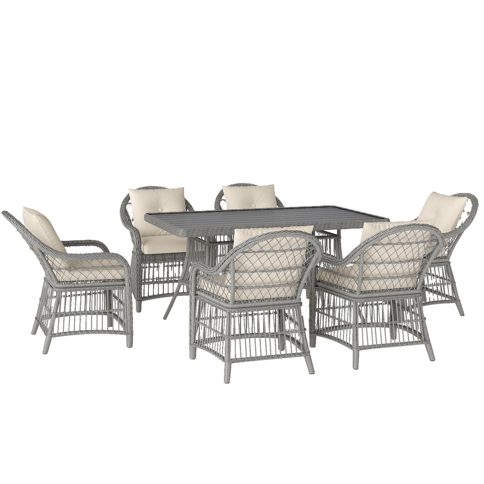 Rattan Dining Set with Seat and Back Cushions, 6 Seater Garden Furniture Set with Aluminium Frame, 6 Chairs, WPC Top Rectangle Table, Conservatory Wicker Patio Furniture, Grey