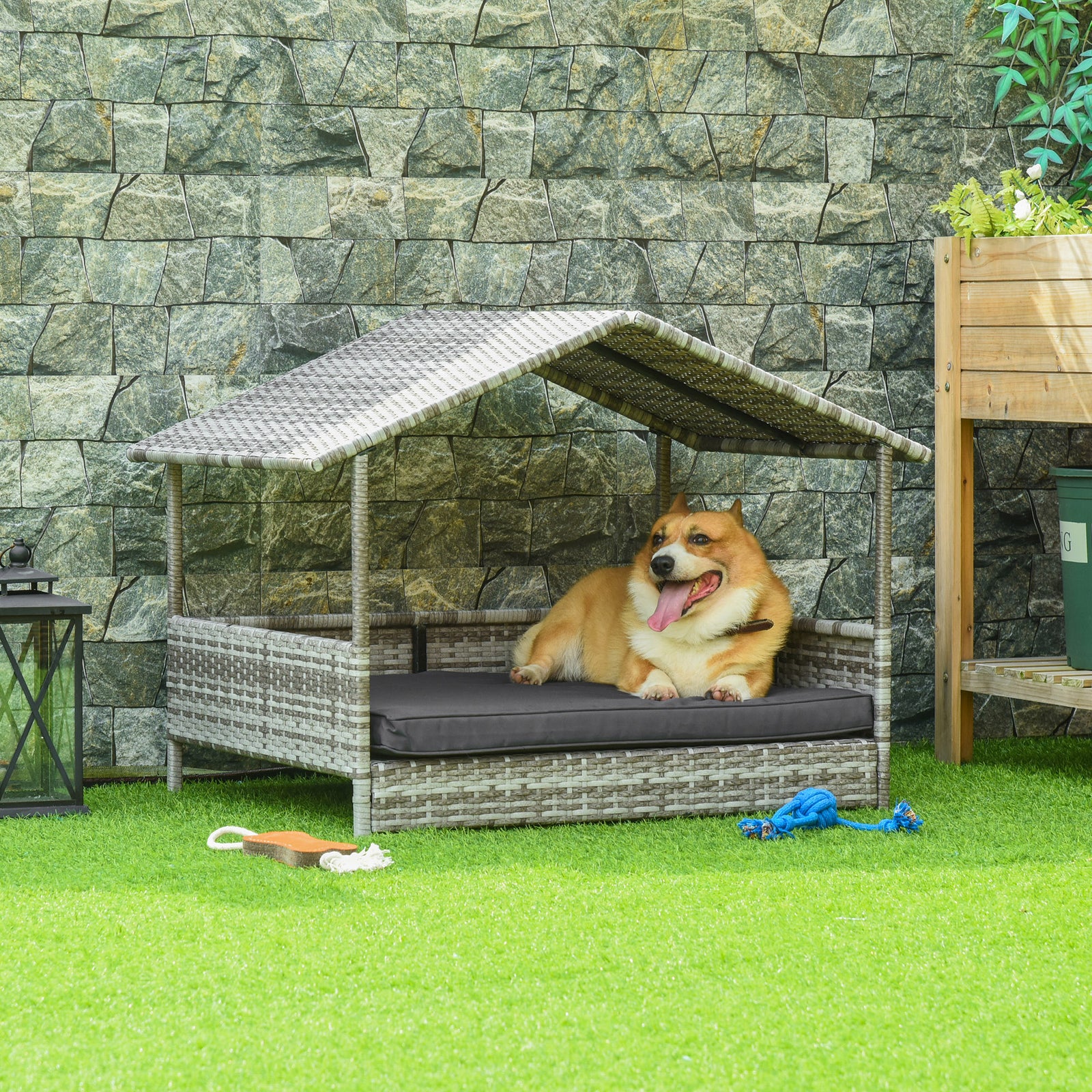 Wicker Dog House, Rattan Pet Bed, with Removable Cushion, Canopy, for Small and Medium Dogs - Dark Grey