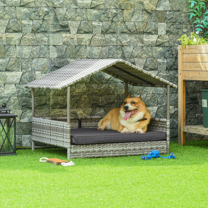 Wicker Dog House, Rattan Pet Bed, with Removable Cushion, Canopy, for Small and Medium Dogs - Dark Grey