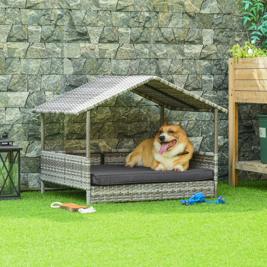 Wicker Dog House, Rattan Pet Bed, with Removable Cushion, Canopy, for Small and Medium Dogs - Dark Grey