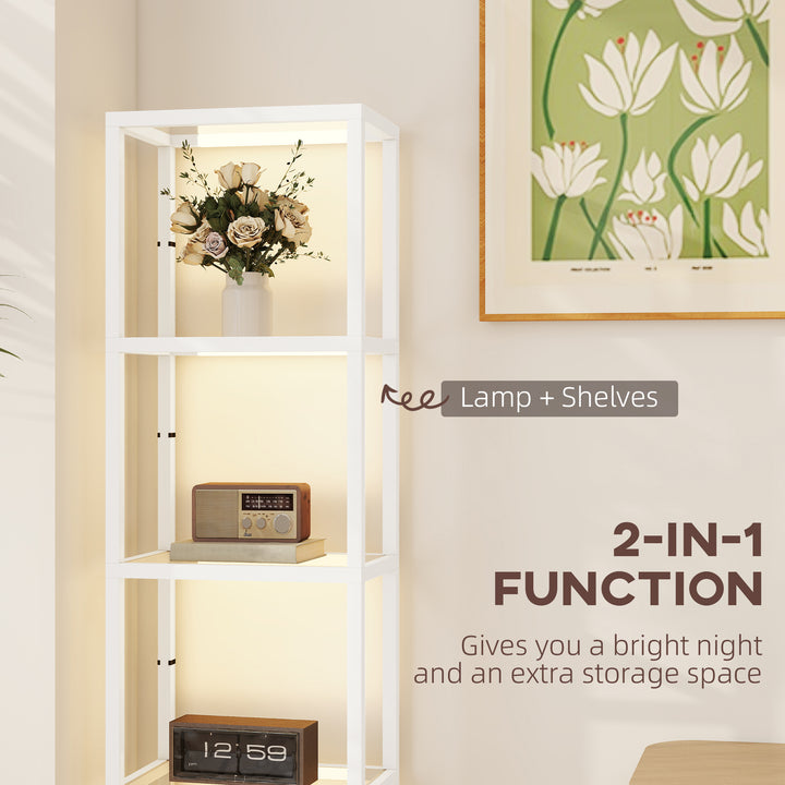 LED Floor Lamp with Glass Shelves, 4 Layers Dimmable Tall Standing Lamp, Modern Column Shelf Floor Light for Living Room, Bedroom, Office, White
