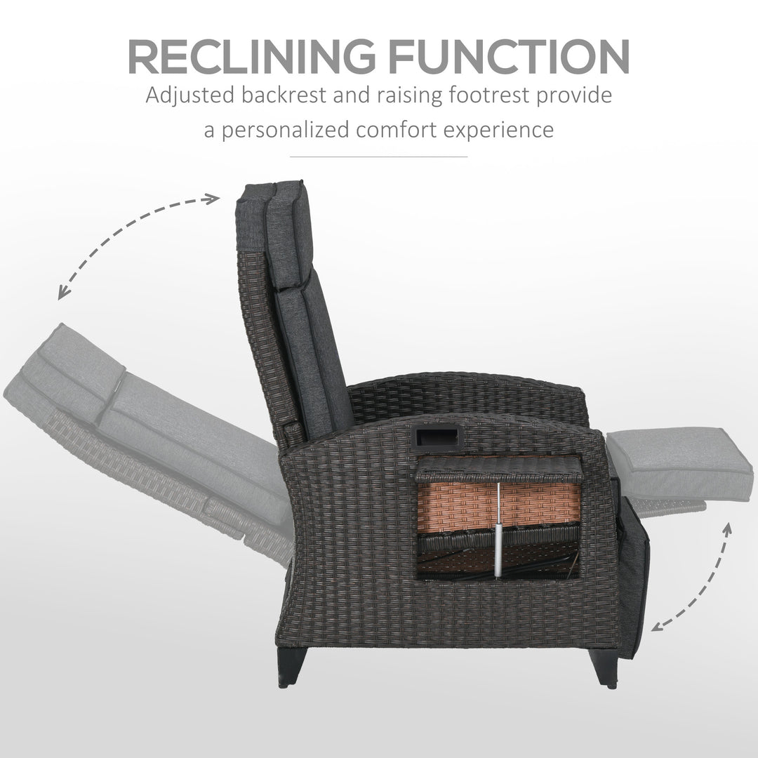Outdoor Recliner Chair with Adjustable Backrest and Footrest, Cushion, Side Tray, Dark Grey/Brown