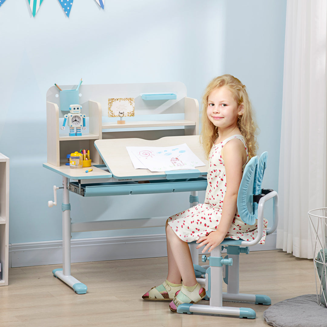 HOMCOM Kids Desk and Chair Set, Height Adjustable School Desk & Chair Set w/ Shelves, Washable Cover, Anti-Slip Mat, Kids Aged 3-12, Blue | Aosom UK