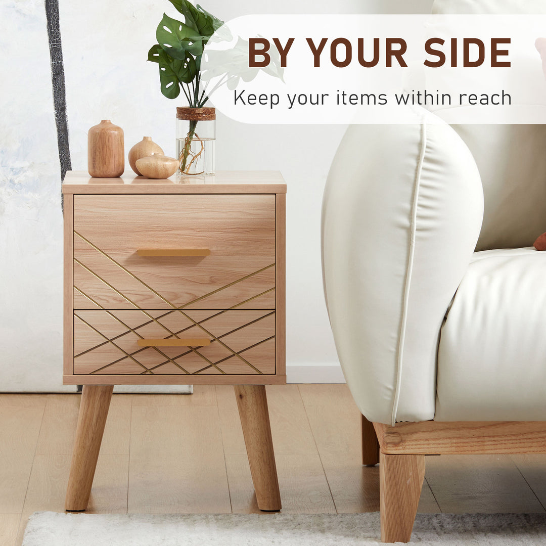 2-Piece Scandinavian Bedside Tables with Drawers, Bedside Cabinets with Wood Legs, Natural
