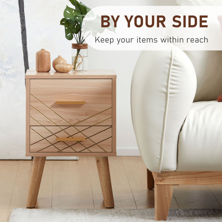 2-Piece Scandinavian Bedside Tables with Drawers, Bedside Cabinets with Wood Legs, Natural