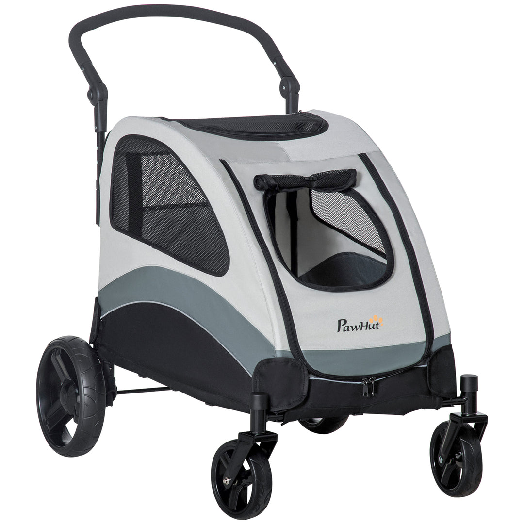 Pet Stroller for Medium Dogs Cat Pushchair Buggy Pram with 4 Wheels Safety Leash Zipper Doors Mesh Windows Storage Bag - Grey