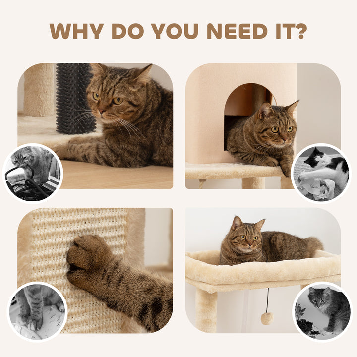 MCL 132cm Cat Tree w/ Scratching Posts, Pad, Cat Bed, Cat House, Jumping Platform, Grooming Brush, Anti-Tip Kit, Beige
