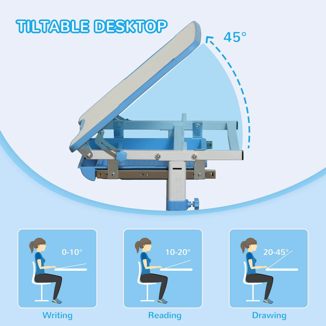 Kids Desk and Chair Set, Height Adjustable Student Writing Desk, Children School Study Table with Tiltable Desktop, Drawer, Pen Slot, Hook - Blue