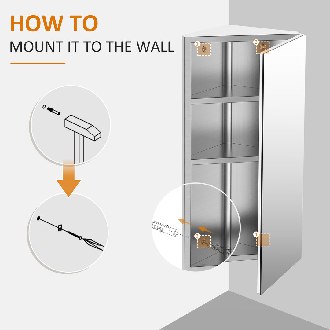 Stainless Steel Wall mounted Bathroom Corner Mirror Storage Cabinet Single Door 300mm (W)