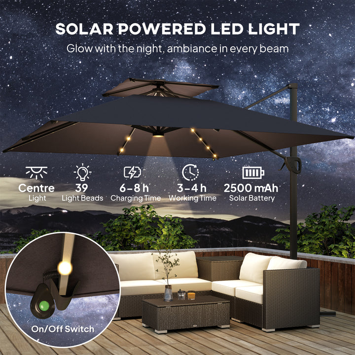 3.5x3 m Garden Cantilever Parasol with Solar LED Lights and Centre Light, Aluminium Large Square Patio Umbrella, UPF50+ Hanging Sun Shade with Cross Base, Crank Handle and Tilt, Grey