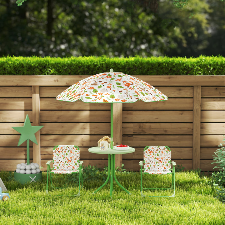AIYAPLAY 4-Piece Kids Garden Table and Chair Set with Adjustable Parasol, Folding Chairs, Table, Nature Pattern, Green