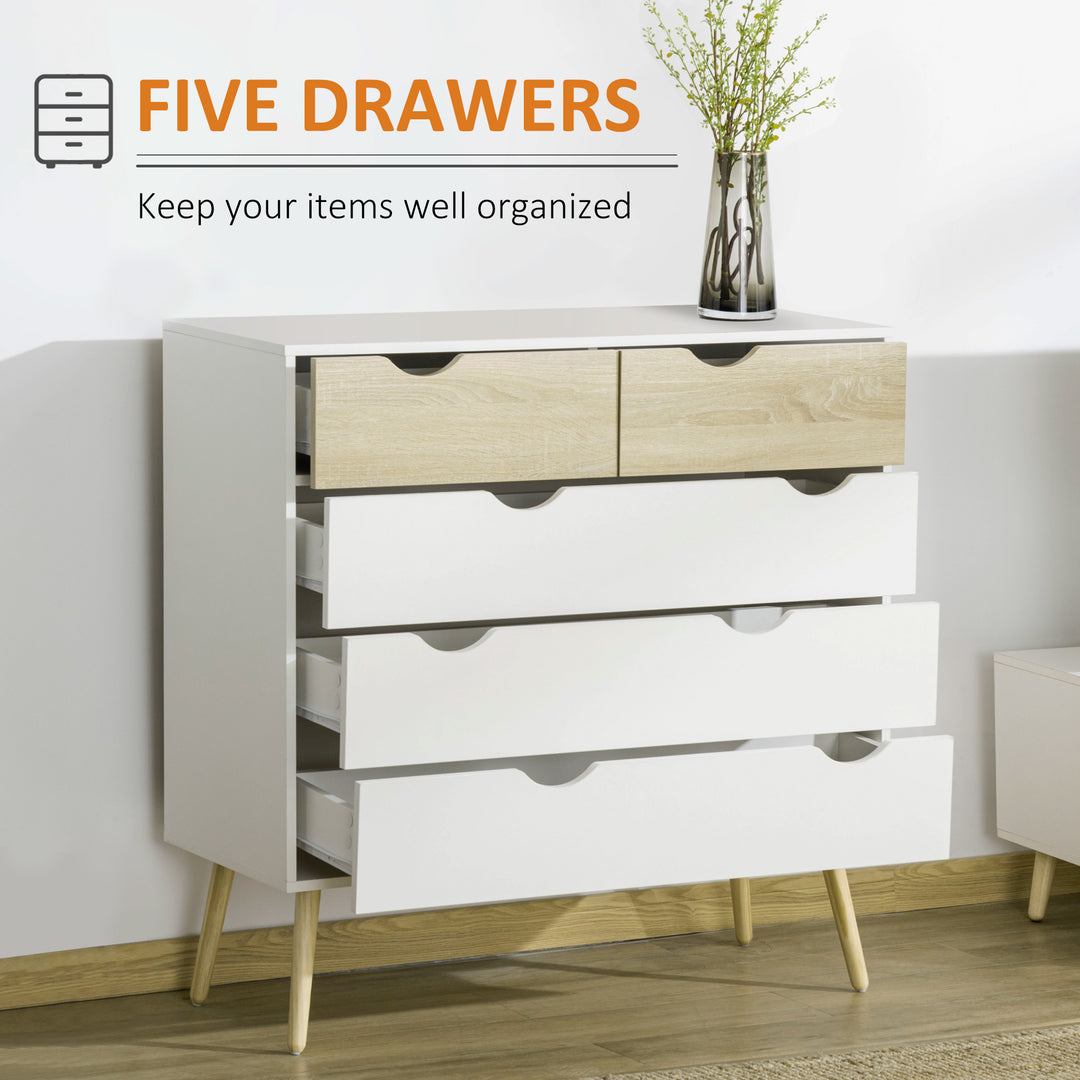 Nordic Style Chest of Drawers, 5 Drawer Dresser with 4 Tapered Legs and Groove Handles, Storage Organiser Side Cabinet for Bedroom, Living Room