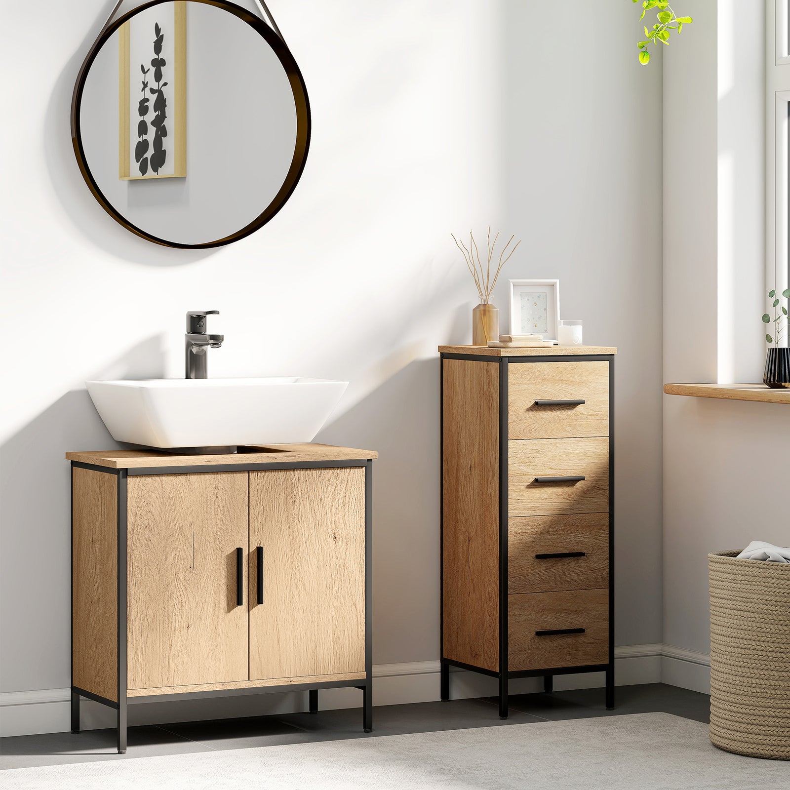 Bathroom Vanity Unit, Under Sink Storage Cabinet with 2 Doors, Adjustable Shelf for Basin without or with Pedestal, Oak