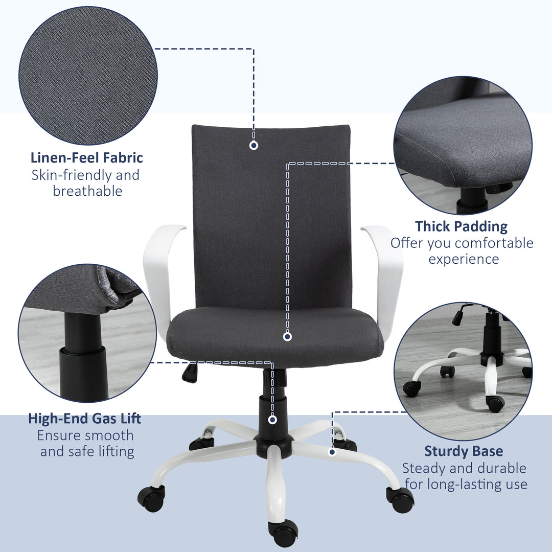 Office Chair Linen Swivel Computer Desk Chair Home Study Task Chair with Wheels, Arm, Adjustable Height, Dark Grey