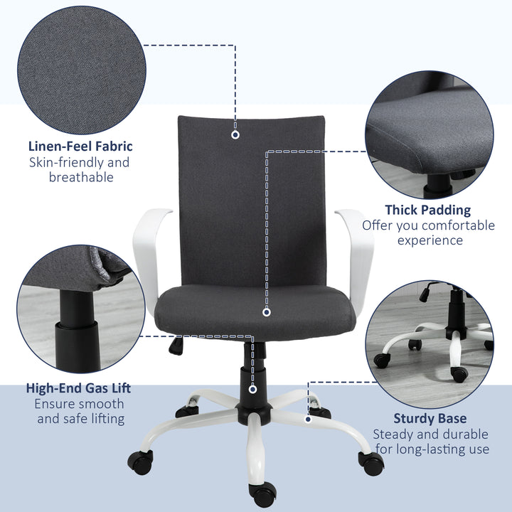 Office Chair Linen Swivel Computer Desk Chair Home Study Task Chair with Wheels, Arm, Adjustable Height, Dark Grey