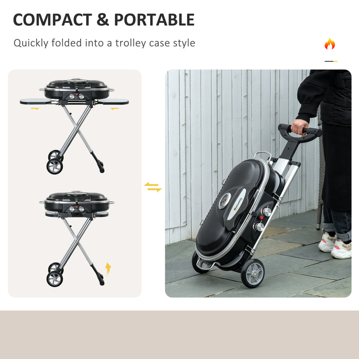 Foldable Gas BBQ Grill 2 Burner Garden Barbecue Trolley w/ Lid Side Shelves Storage Pocket Piezo Ignition Thermometer, Aluminium Alloy