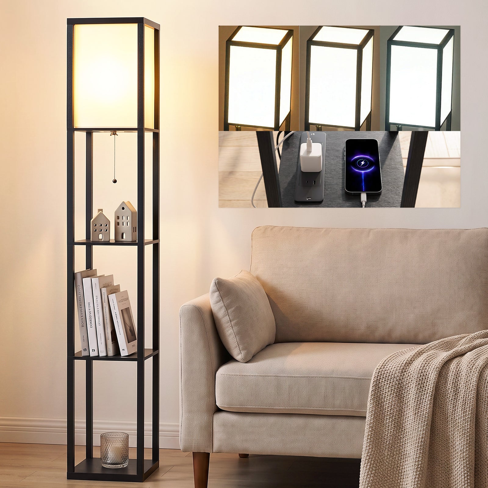Floor Lamp with Shelves, 3 Layer Column Modern Standing Lamp for Livin