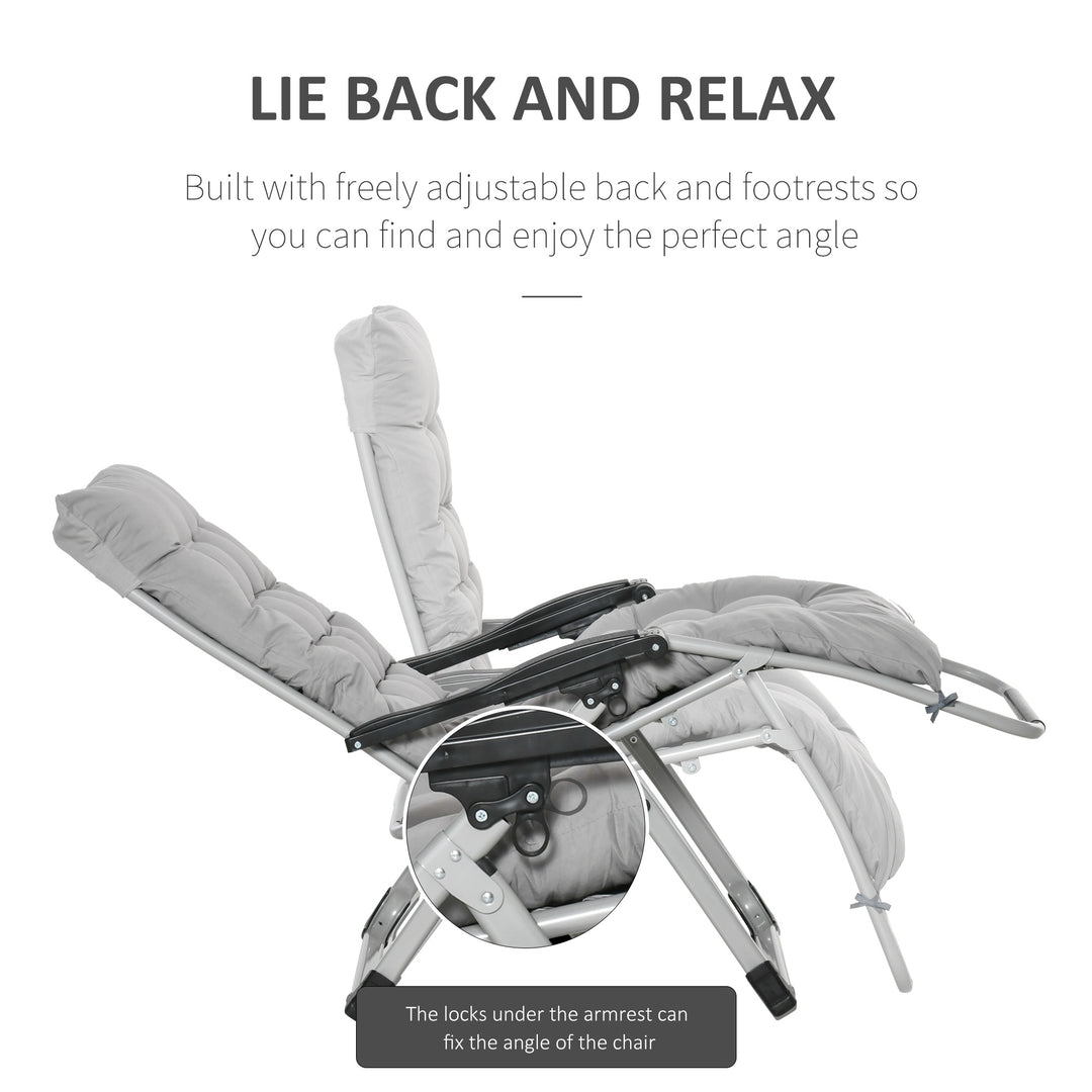 2pc Reclining Zero Gravity Sun Loungers ,Folding Chaise Lounge Chair with Cushions, Light Grey