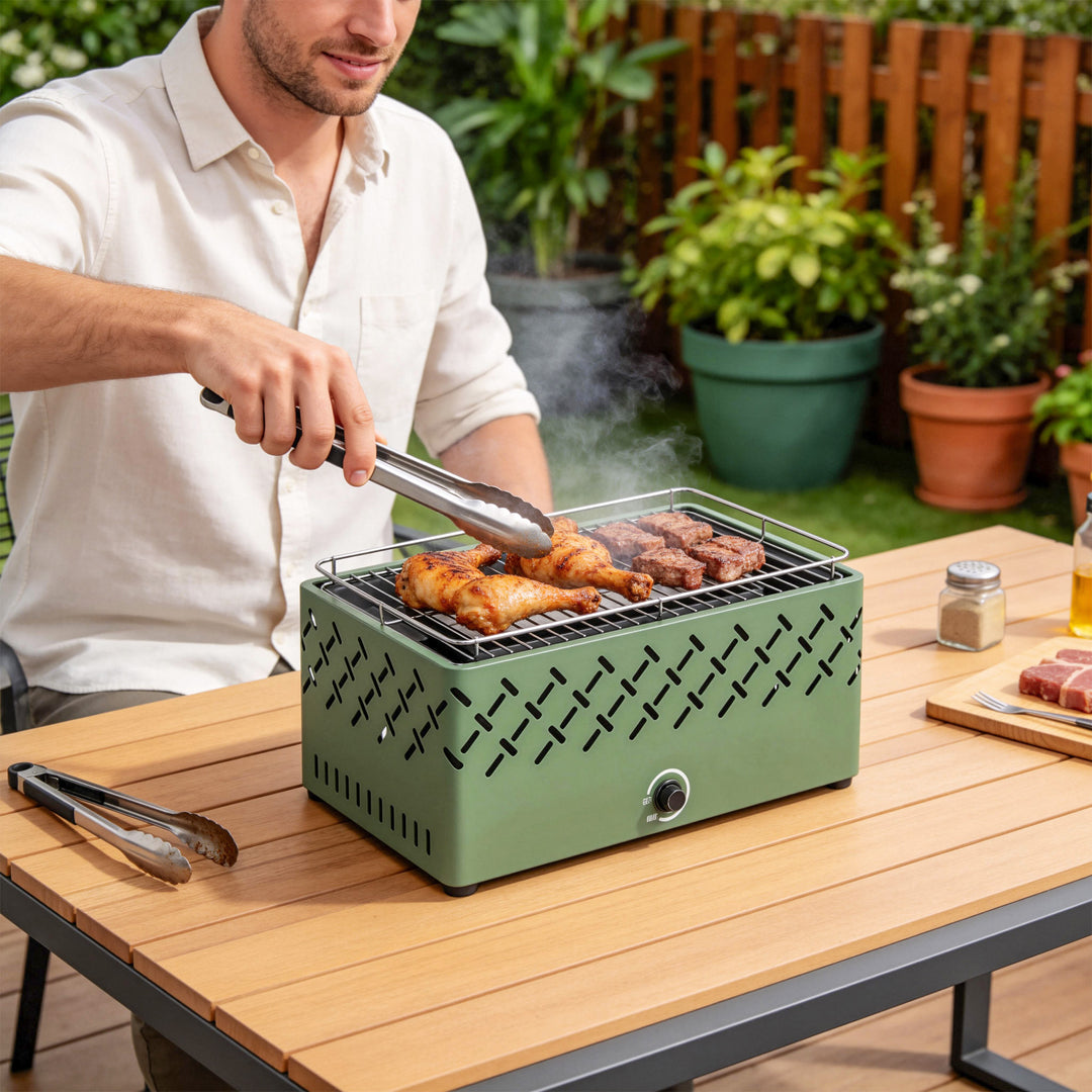 Portable Charcoal BBQ Grill, Battery Powered Barbecue Grill with Built