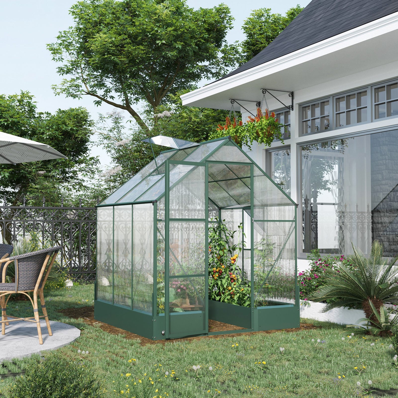 6x6 FT Polycarbonate Greenhouse with Base and Raised Bed, Walk-in Greenhouse with Aluminium Frame, Temperature Controlled Window, Foundation for Plants, Flowers, Vegetable