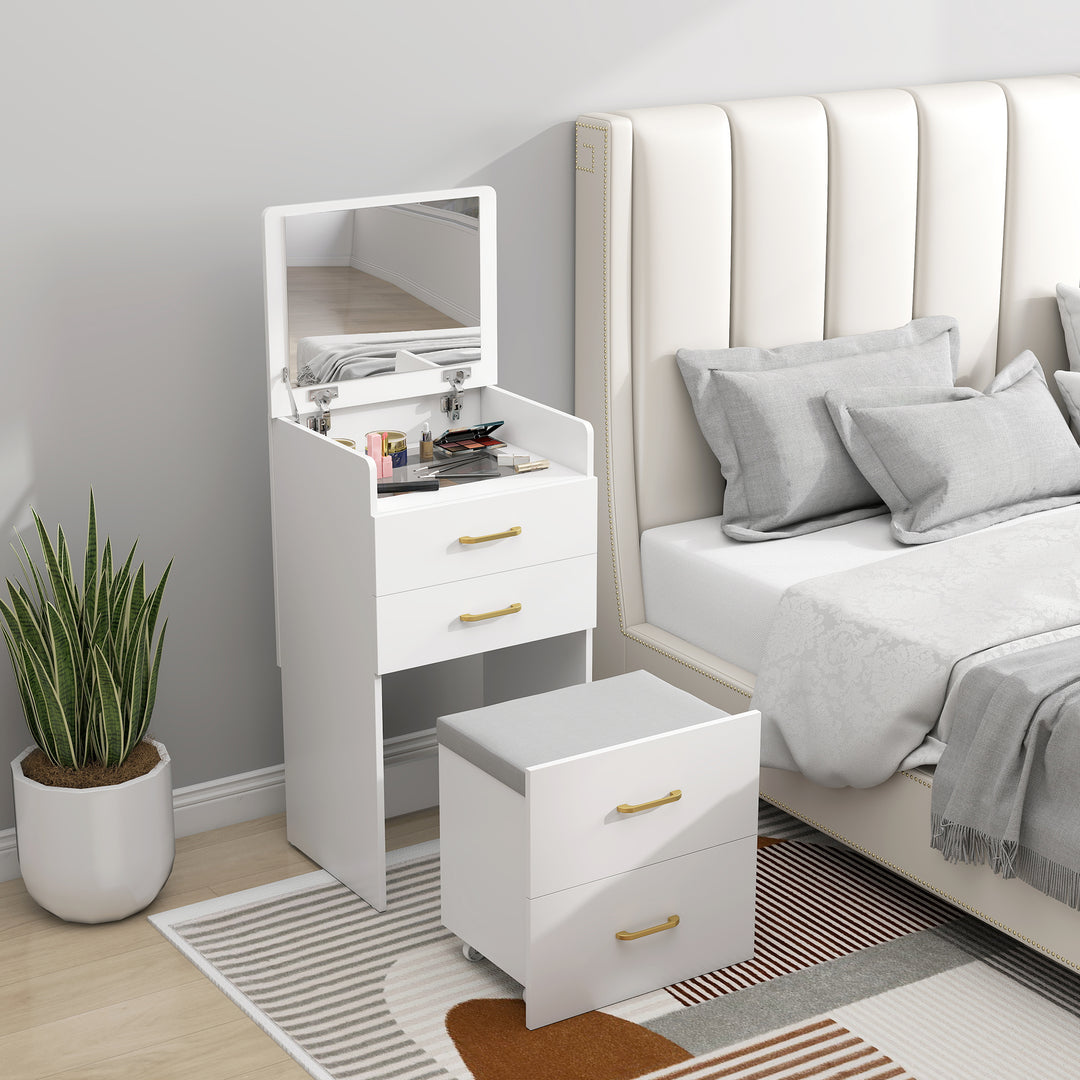 3 in 1 Dressing Table with Flip-top Mirror and Rolling Stool, Modern Vanity Desk with Visible Glass Tabletop, Drawers and Side Hook, Makeup Table with Cushioned Storage Stool for Bedroom, White