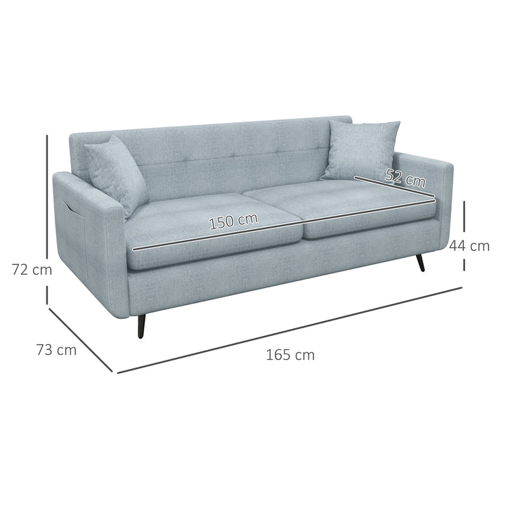 165cm 3 Seater Sofa for Living Room, Modern Fabric Couch, Tufted Small Couch Sofa Settee with Steel Legs and 2 Storage Pockets for Bedroom and Home Office, Blue