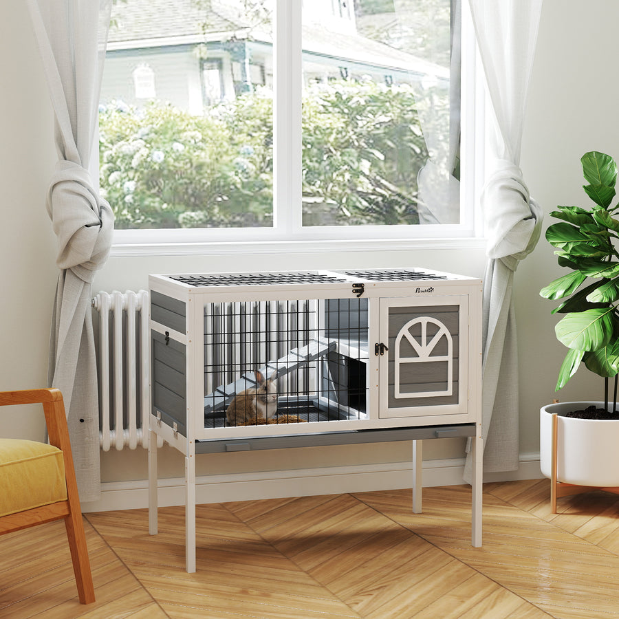 Wooden Rabbit Hutch, Guinea Pig Cage, with Removable Tray, Openable Roof, Grey