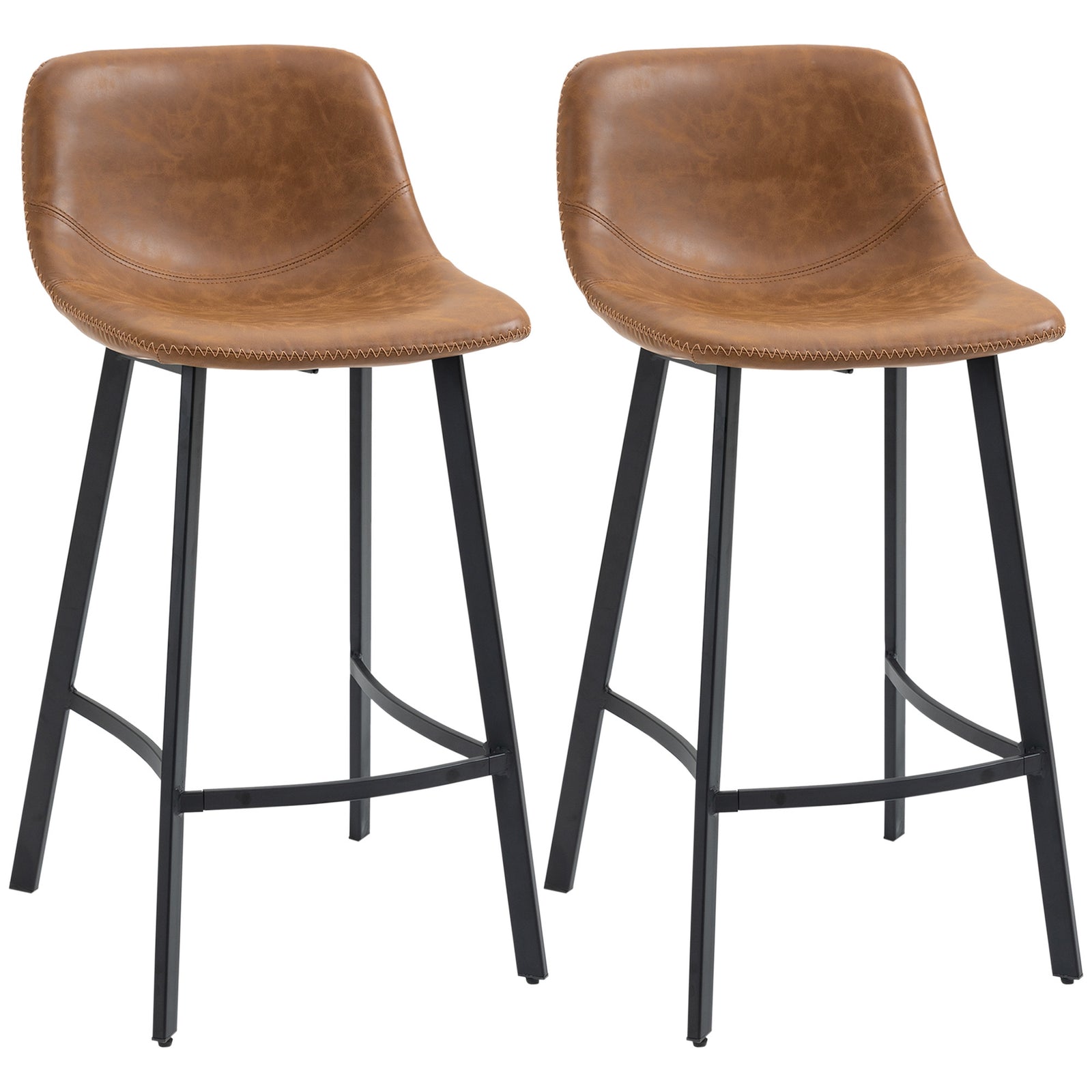 Bar Stools Set of 2, PU Leather Kitchen Stools, Upholstered Breakfast Bar Chairs with Backrest, Steel Legs for Home, Dining Room, Brown