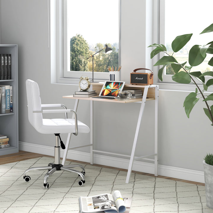 HOMCOM Office Chair and Desk Set, Faux Leather Swivel Chair, Study Desk with Storage Shelf, White.