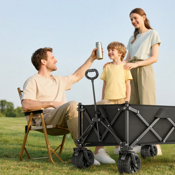 Folding Garden Trolley, Outdoor Wagon Cart with Carry Bag, for Beach, Camping, Festival, 120KG Capacity, Black