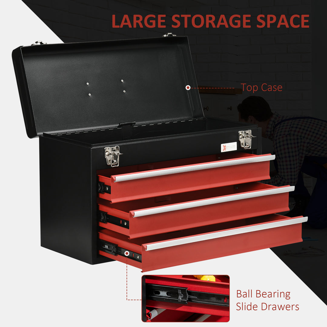 DURHAND Metal Tool Chest with 3 Drawers, Lockable, Ball Bearing Runners, Portable Toolbox, 510mm x 220mm x 320mm, Durable | Aosom UK