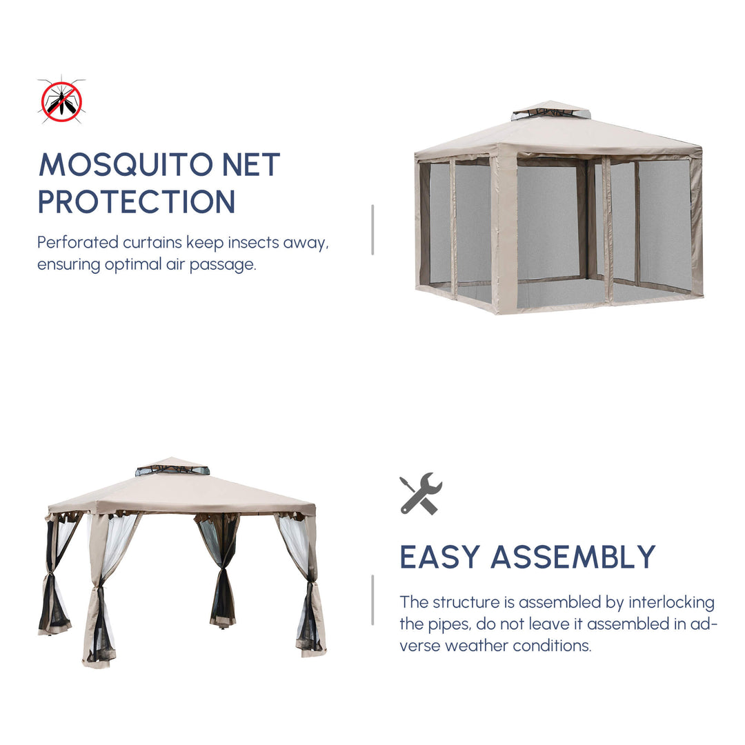Outdoor Gazebo, 2-tier Roof W/Netting, 295L x 295W x 263Hcm-Taupe
