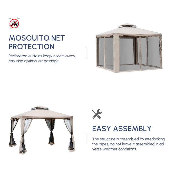 Outdoor Gazebo, 2-tier Roof W/Netting, 295L x 295W x 263Hcm-Taupe