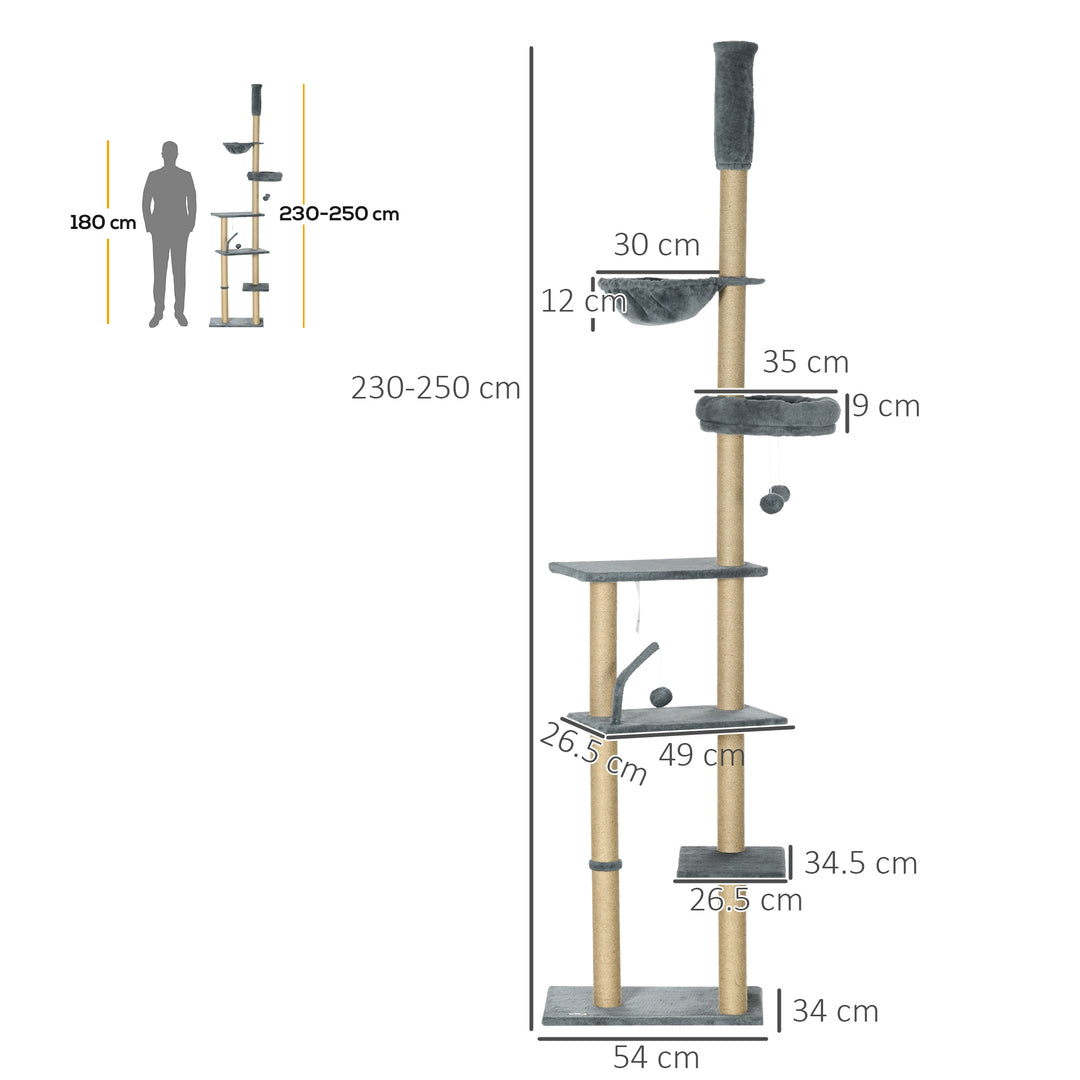 PawHut Floor to Ceiling Cat Tree, 6-Tier Climbing Activity Centre with Scratching Post, Hammock, Adjustable Height 230-250cm, Grey | Aosom UK