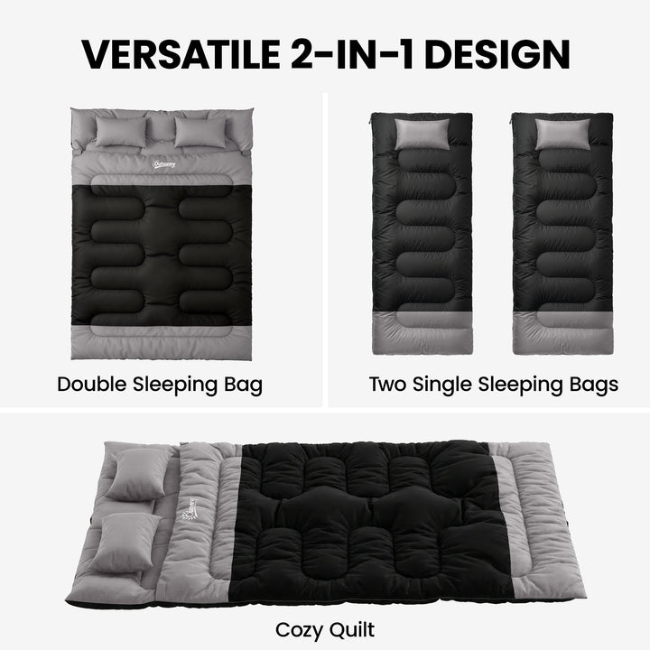 Double Sleeping Bag with 2 Pillows, 220 x 160 cm Extra-Large Sleeping 