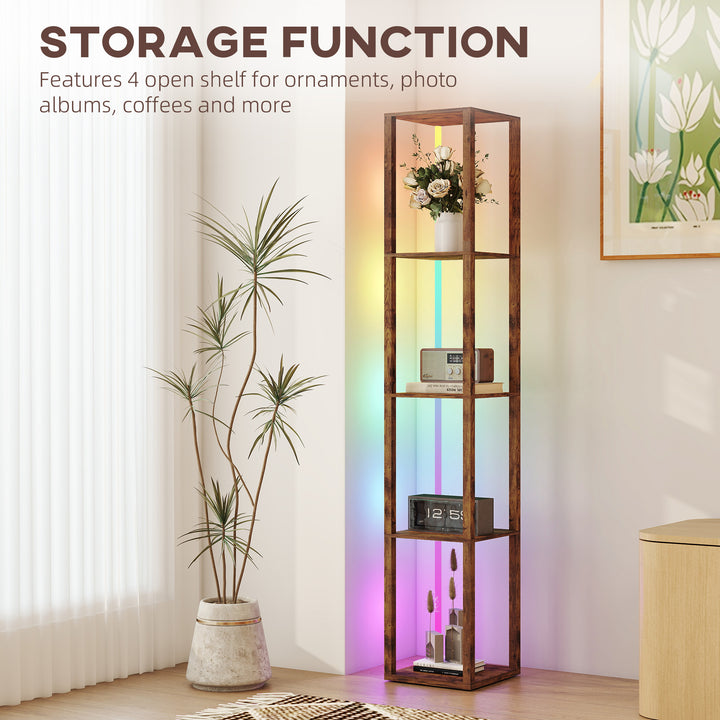RGB LED Floor Lamp with Shelves, Modern Dimmable Standing Lamp with Remote Control, Adjustable Brightness & Speed for Living Room, Bedroom, Office, Rustic Brown