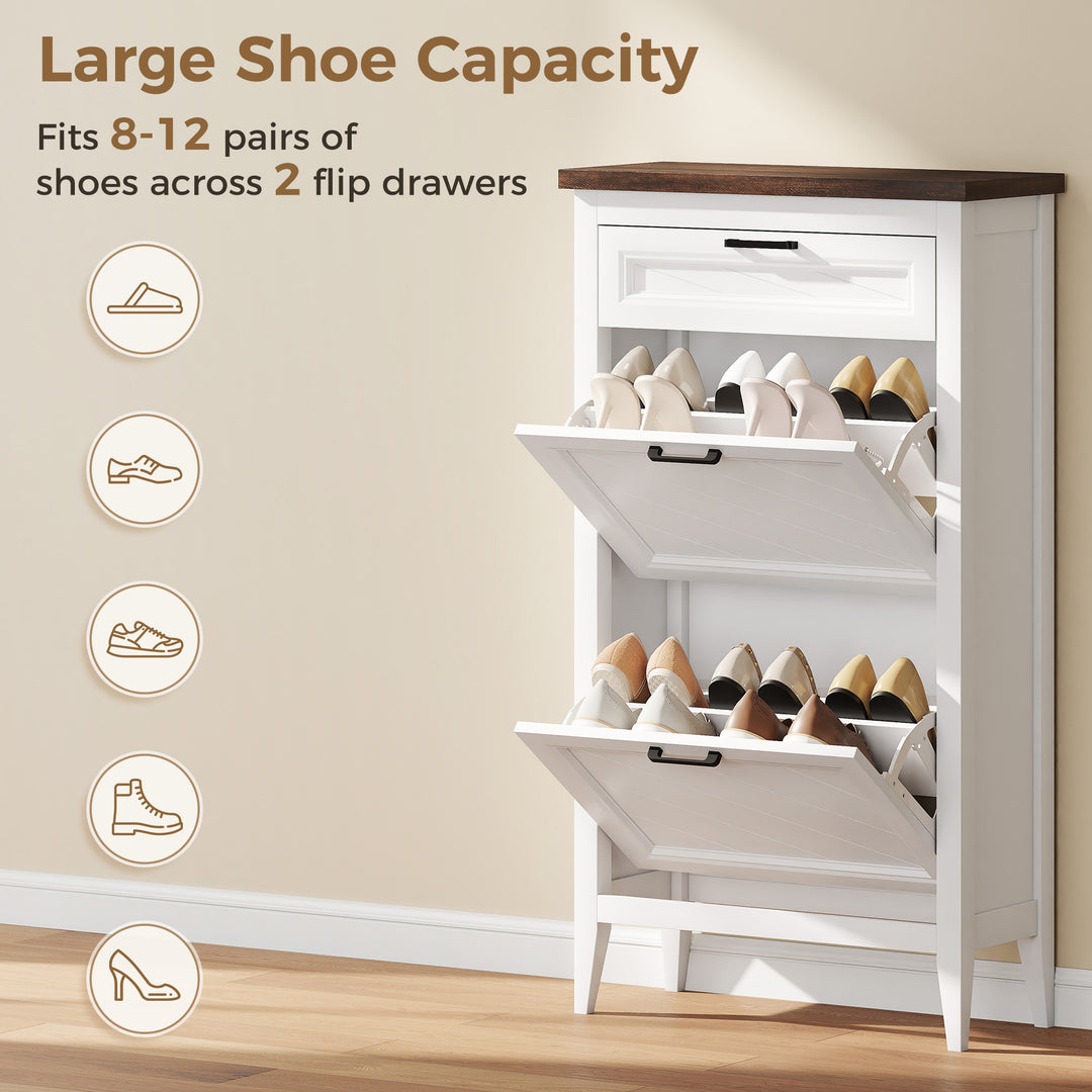 Shoe Cabinet with 2 Flip Drawers, Farmhouse Narrow Shoe Storage Cabine