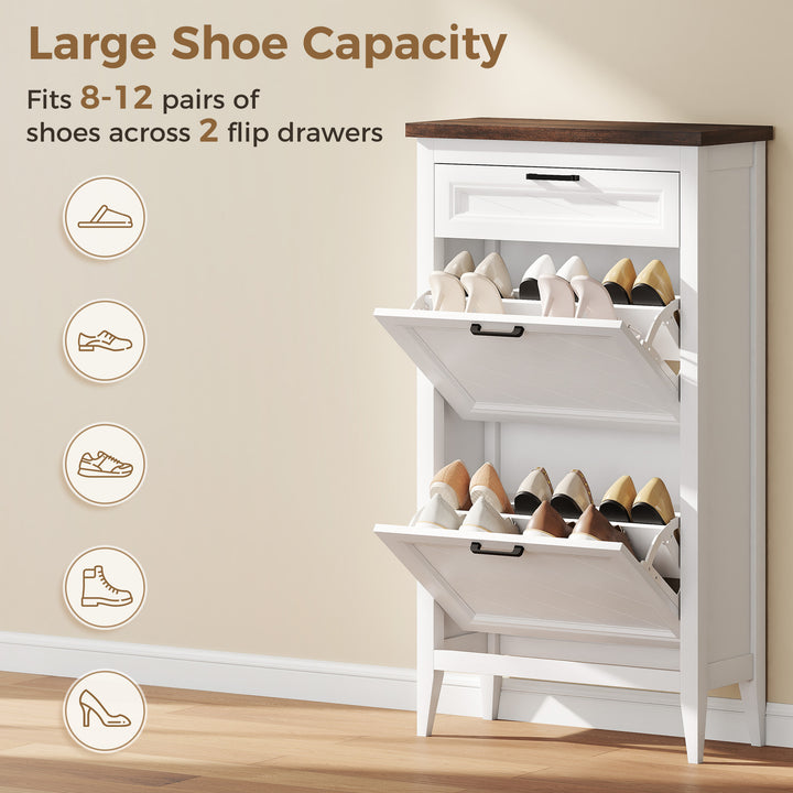 Shoe Cabinet with 2 Flip Drawers, Farmhouse Narrow Shoe Storage Cabine